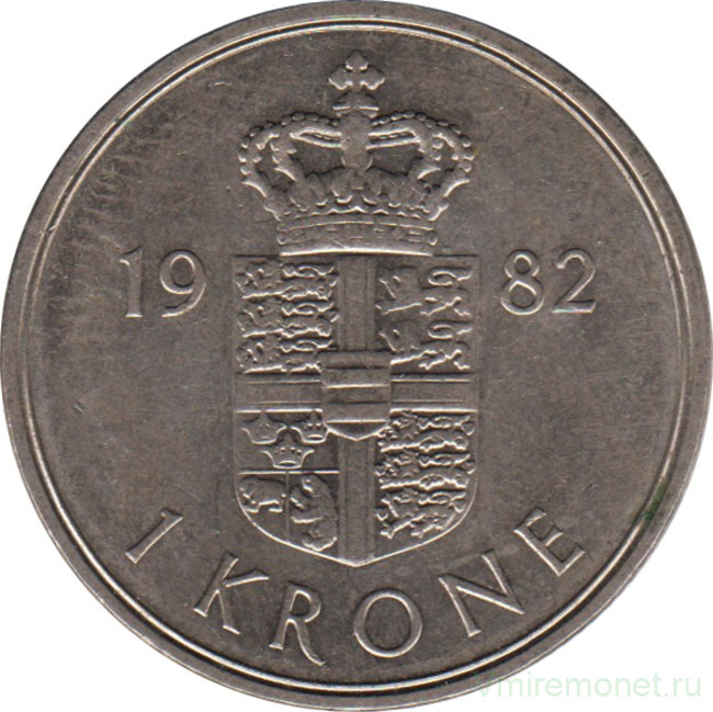 Монета. Дания. 1 крона 1982 год.