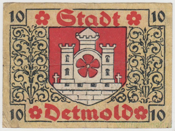 Бона. Нотгельд. Германия. Город Детмольд. 10 пфеннигов 1920 год. Вариант 268.1.а.