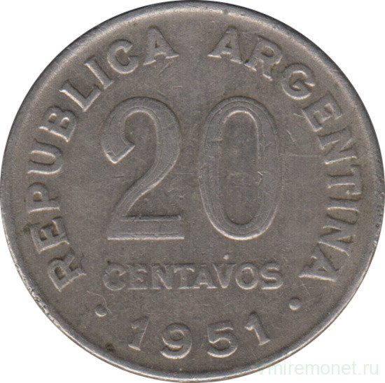 Монета. Аргентина. 20 сентаво 1951 год.