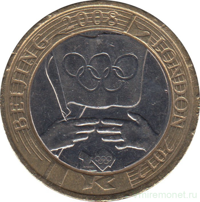 Монета. Великобритания. 2 фунта 2008 год. Церемония передачи Олимпиады.