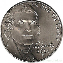 Монета. США. 5 центов 2014 год. Монетный двор D.