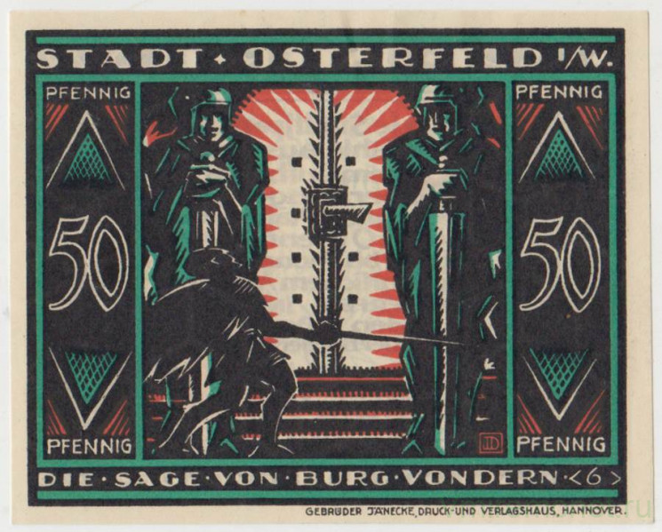 Бона. Нотгельд. Германия. Город Остерфельд. 50 пфеннигов 1921 год. Вариант 1033.2.2.3.