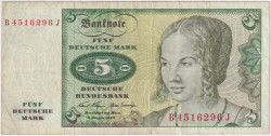 Банкнота. Германия. ФРГ. 5 марок 1970 год. Тип 30а.