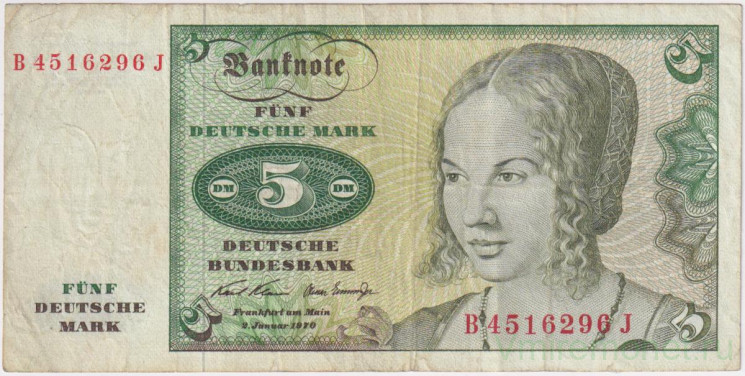 Банкнота. Германия. ФРГ. 5 марок 1970 год. Тип 30а.
