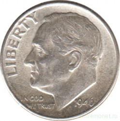 Монета. США. 10 центов 1946 год. Серебряный дайм Рузвельта. Монетный двор D.
