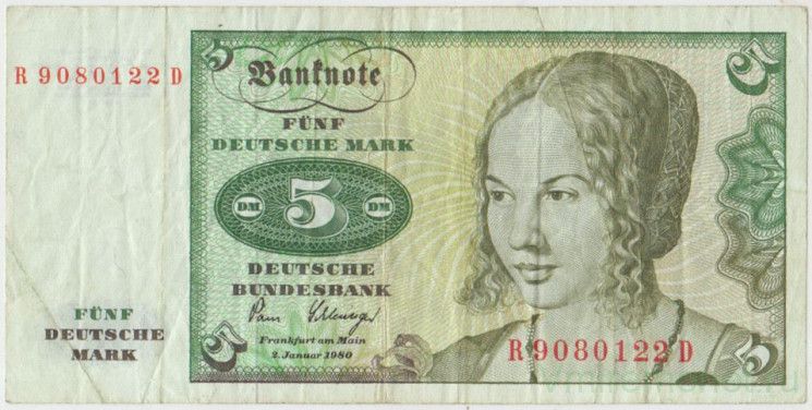 Банкнота. Германия. ФРГ. 5 марок 1980 год. Тип 30b (2).
