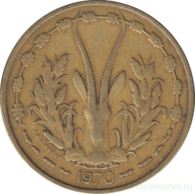 Монета. Западноафриканский экономический и валютный союз (ВСЕАО). 25 франков 1970 год.