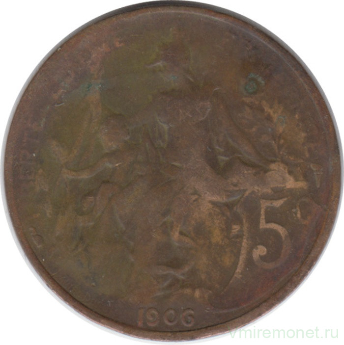 Монета. Франция. 5 сантимов 1906 год. 