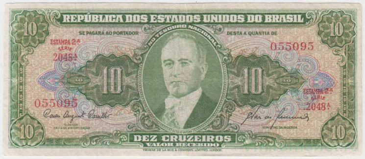 Банкнота. Бразилия. 10 крузейро 1960 год. Тип 159f.