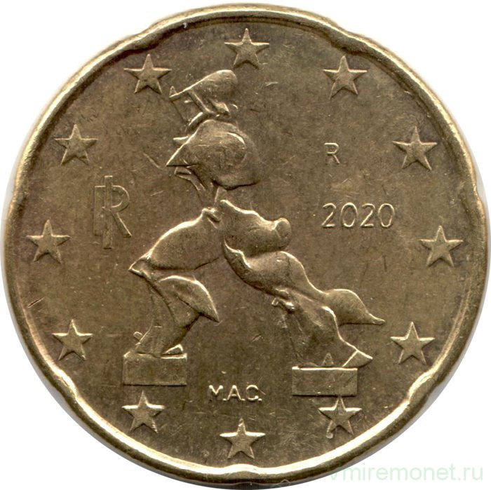 Монета. Италия. 20 центов 2020 год.