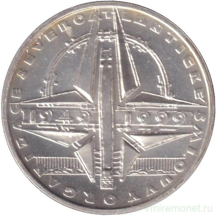 Монета. Чехия. 200 крон 1999 год. 50 лет Организации Североатлантического договора. Гладкий гурт с надписью.