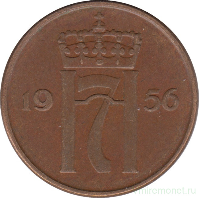 Монета. Норвегия. 5 эре 1956 год.