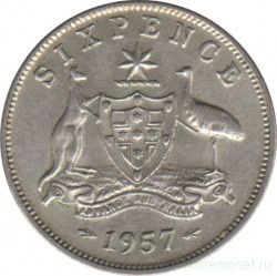 Монета. Австралия. 6 пенсов 1957 год.