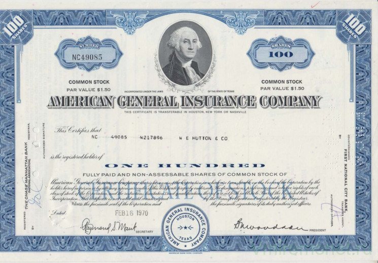 Акция. США. "AMERIGAN GENERAL INSURANCE COMPANY". 100 акций 1970 год. Вариант 1.