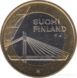 Монета. Финляндия. 5 евро 2012 год. Вантовый мост «Свеча сплавщика».