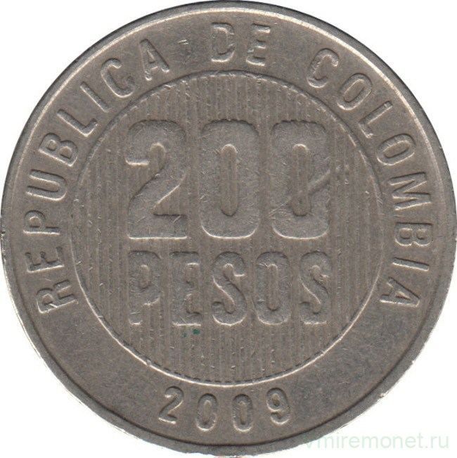 Монета. Колумбия. 200 песо 2009 год.