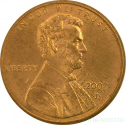 Монета. США. 1 цент 2003 год. Монетный двор D.