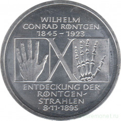 Монета. ФРГ. 10 марок 1995 год. 150 лет со дня рождения Вильгельма Конрада Рентгена.