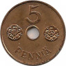 Реверс.Монета. Финляндия. 5 пенни 1942 год.