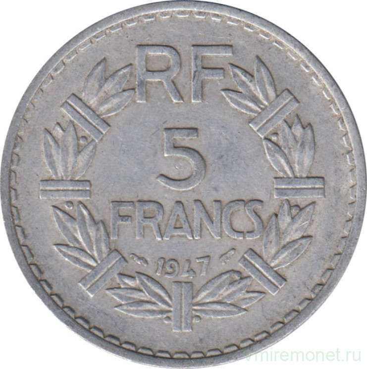 Монета. Франция. 5 франков 1947 год. Монетный двор - Париж. Аверс - открытая 9.