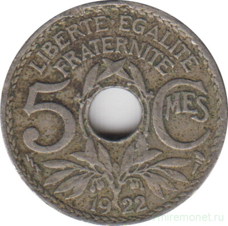 Монета. Франция. 5 сантимов 1922 год. Монетный двор - Пуасси. Аверс - молния.
