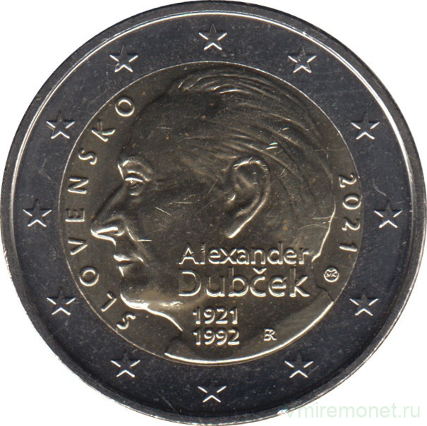 Монета. Словакия. 2 евро 2021 год. 100 лет со дня рождения Александра Дубчека.