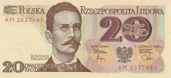 Банкнота. Польша. 20 злотых 1982 год. Ромуальд Траугутт. Тип 149а (2).