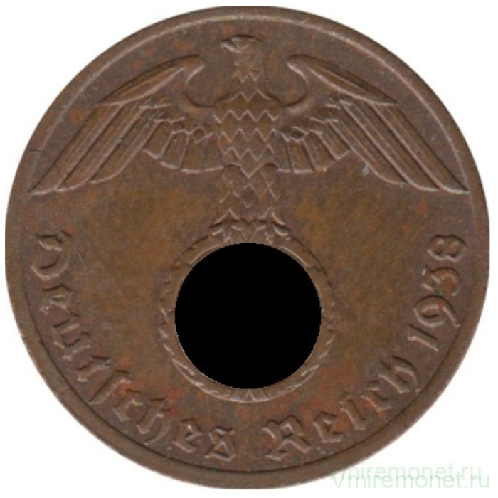 Монета. Германия. Третий Рейх. 1 рейхспфенниг 1938 год. Монетный двор - Мюльденхаттен (E). Монета. Германия. Третий Рейх. 1 рейхспфенниг 1938 год. Монетный двор - Мюльденхаттен (E).