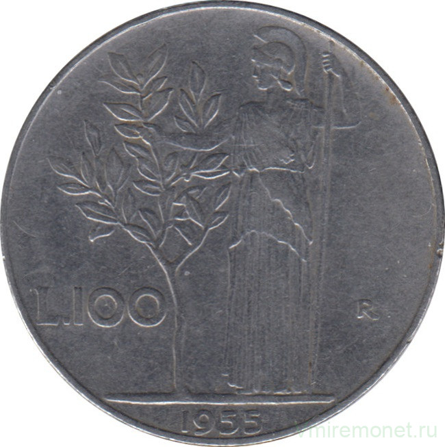 Монета. Италия. 100 лир 1955 год.
