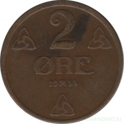 Монета. Норвегия. 2 эре 1933 год.