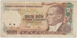 Банкнота. Турция. 5000 лир 1990 год.