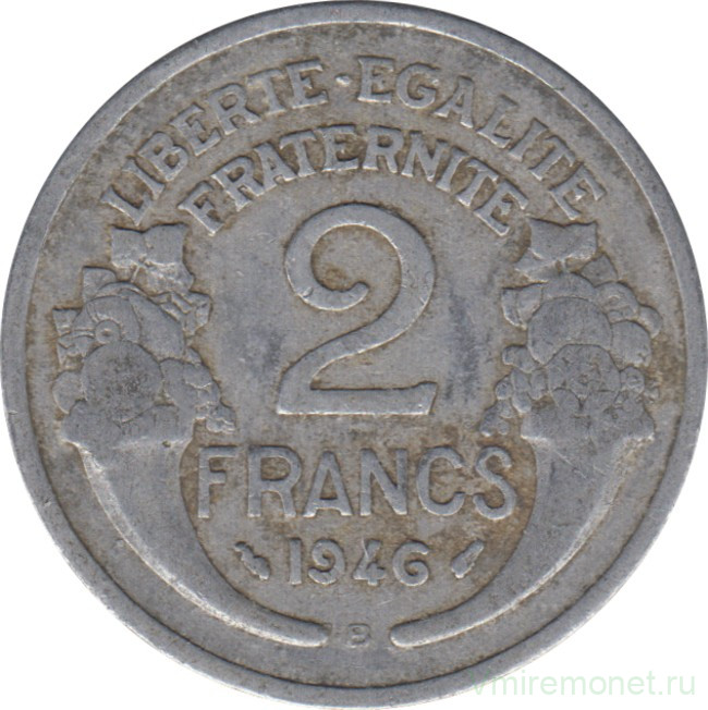 Монета. Франция. 2 франка 1946 год. Монетный двор - Бомонт (B).