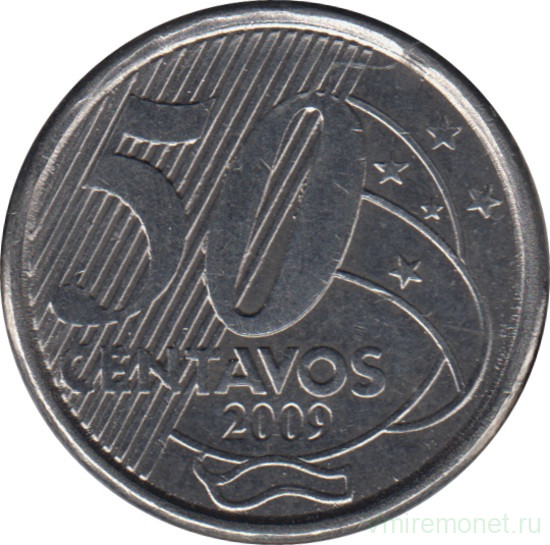 Монета. Бразилия. 50 сентаво 2009 год.
