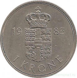 Монета. Дания. 1 крона 1983 год.