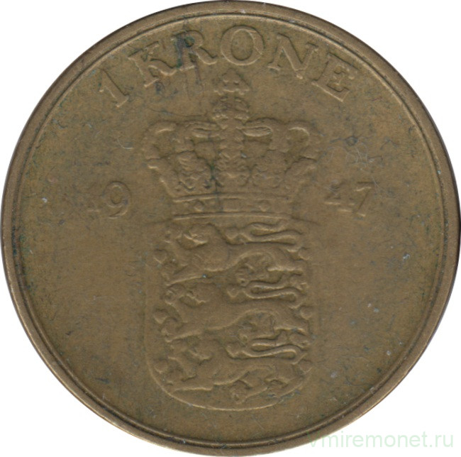 Монета. Дания. 1 крона 1947 год. Новый тип.