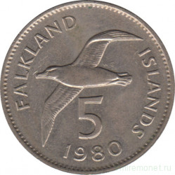 Монета. Фолклендские острова. 5 пенсов 1980 год.