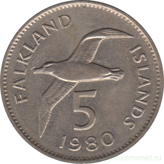 Монета. Фолклендские острова. 5 пенсов 1980 год.