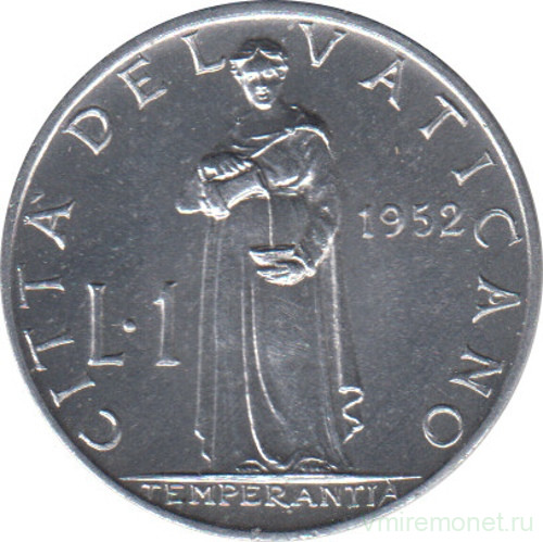 Монета. Ватикан. 1 лира 1952 год. Умеренность.