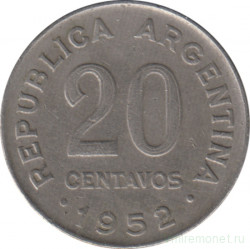 Монета. Аргентина. 20 сентаво 1952 год. Сталь с никелевым покрытием.