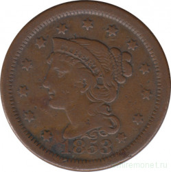 Монета. США. 1 цент 1853 год.