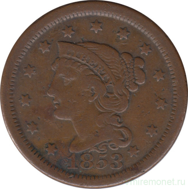Монета. США. 1 цент 1853 год.
