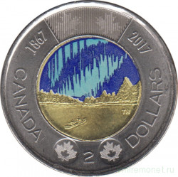 Монета. Канада. 2 доллара 2017 год. 150 лет Конфедерации Канада - полярное сияние. Цветная эмаль.
