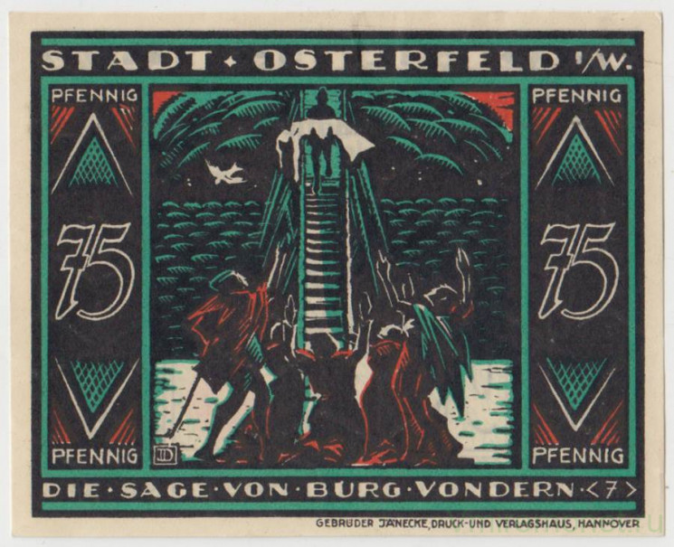 Бона. Нотгельд. Германия. Город Остерфельд. 75 пфеннигов 1921 год. Вариант 1033.2.3.1.