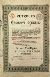 Акция. Россия. "Нефть Грозного". Акция привилегированая на 500 франков 1904 год.