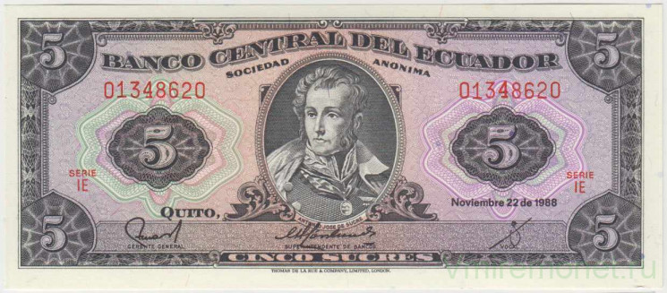 Банкнота. Эквадор. 5 сукре 1988 год. Тип 113d.