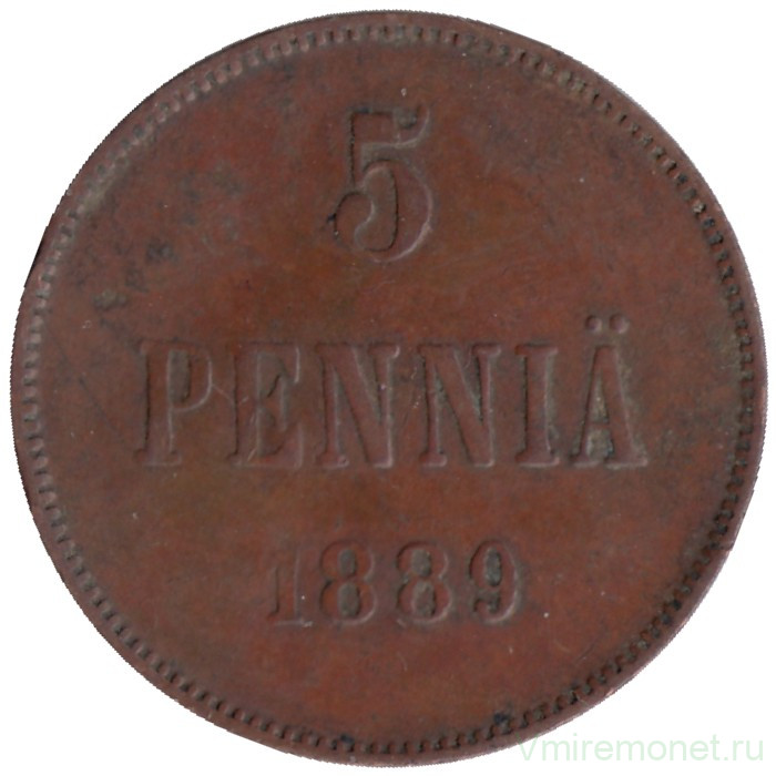 Монета. Русская Финляндия. 5 пенни 1889 год.