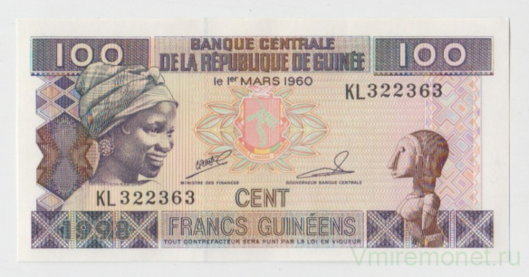 Банкнота. Гвинея. 100 франков 1998 год.