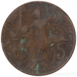 Монета. Франция. 5 сантимов 1907 год.  