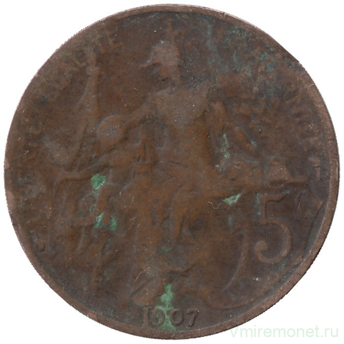 Монета. Франция. 5 сантимов 1907 год.  