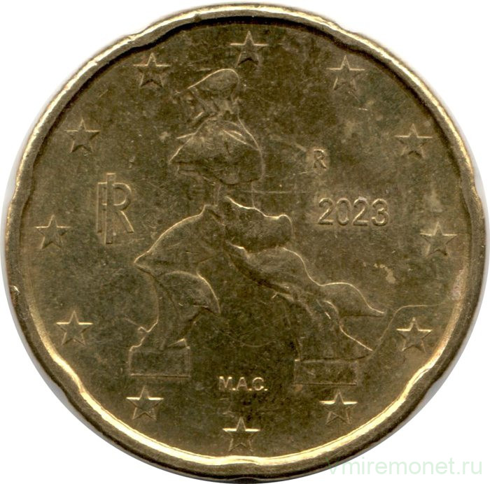 Монета. Италия. 20 центов 2023 год.